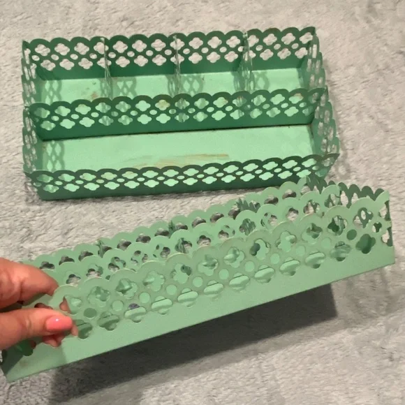 Set of 2 Mint Green Metal Organizers with Gold Patina – 13x6, Vintage Style - Picture 3 of 7